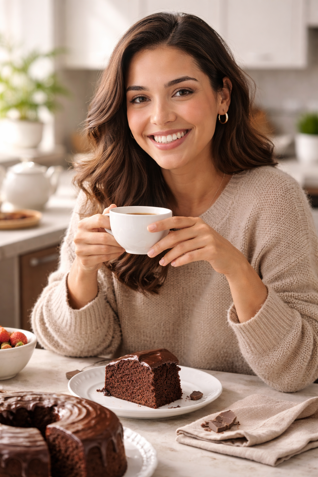 Cliente satisfeita segurando um bolo da D’Lourdes Casa de Bolos.