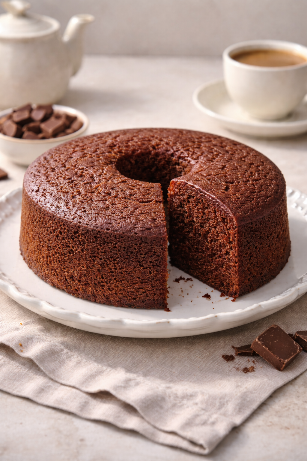 Bolo caseiro de chocolate apresentado em uma mesa clara.